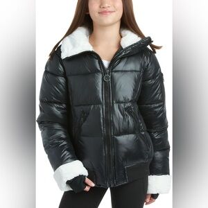 DKNY Kids Black Puffer Jacket with White Faux Fur size L (14-16)